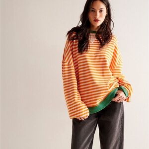 We The Free Orange & White Striped Oversized Sweatshirt with Green Trim